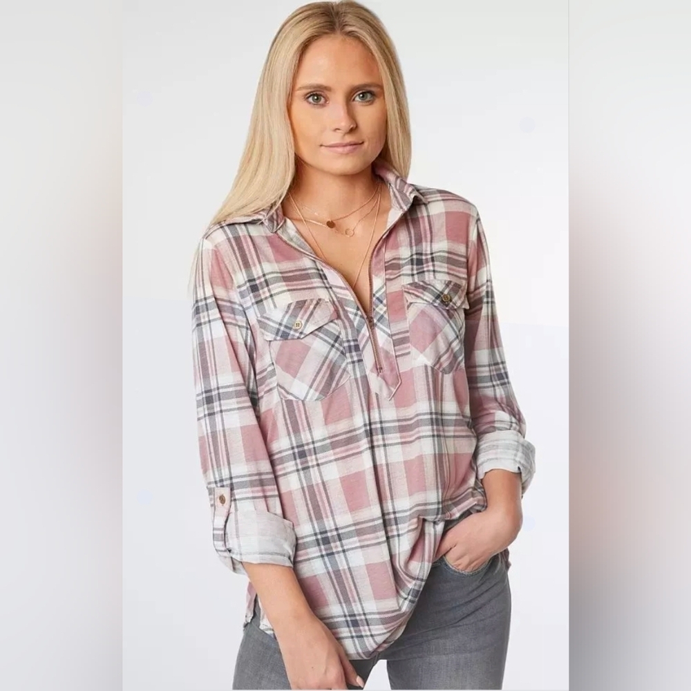 Knit Plaid Half Zip Shirt Daytrip Size Xs